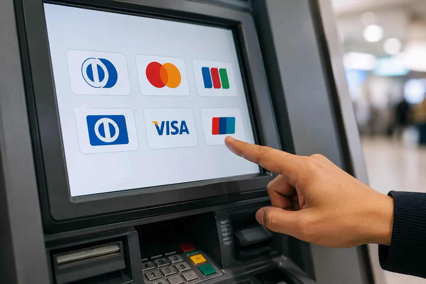 التحقق من شعارات البطاقات على شاشة ATM يد تختار شبكة البطاقة على شاشة ATM