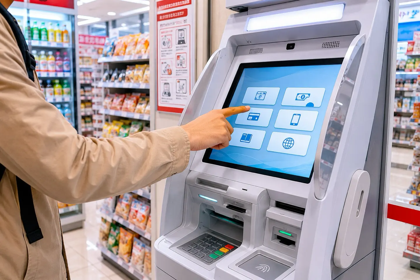 Seven Bank ATM في سيفن إليفن سائح يستخدم ATM داخل كونبيني ياباني